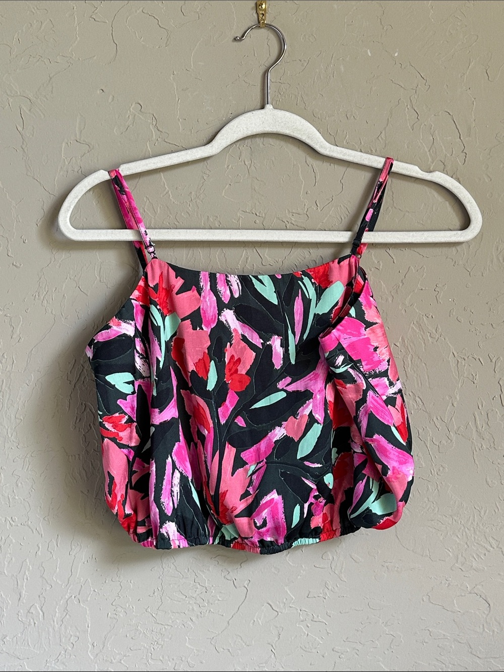 Corey Lynn Calter Floral Spaghetti Strap Crop Top - Black, Pink & Red small